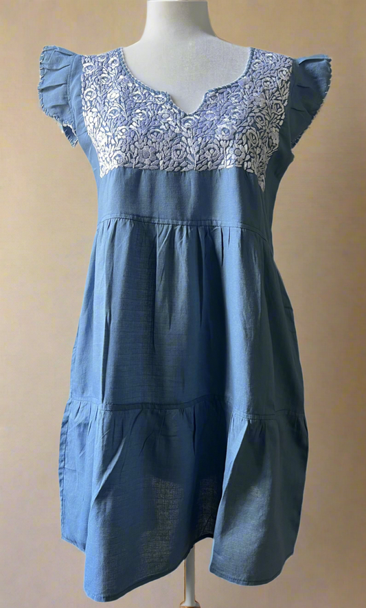 Hand Embroidered Mexican Dress - Floral Embroidery