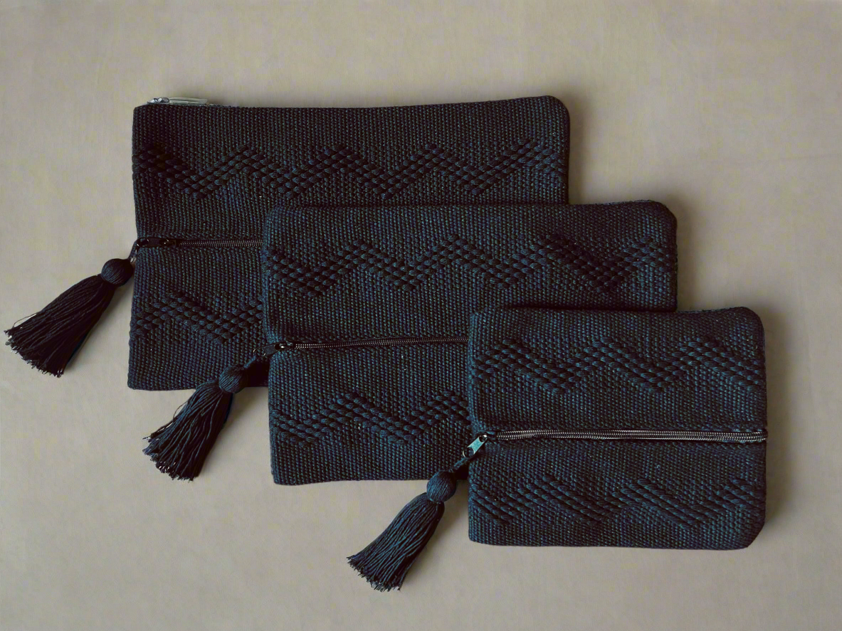 Handwoven Travel Pouch Set – Black | 3 Sizes | Oaxaca Backstrap Loom Accessory Bags
