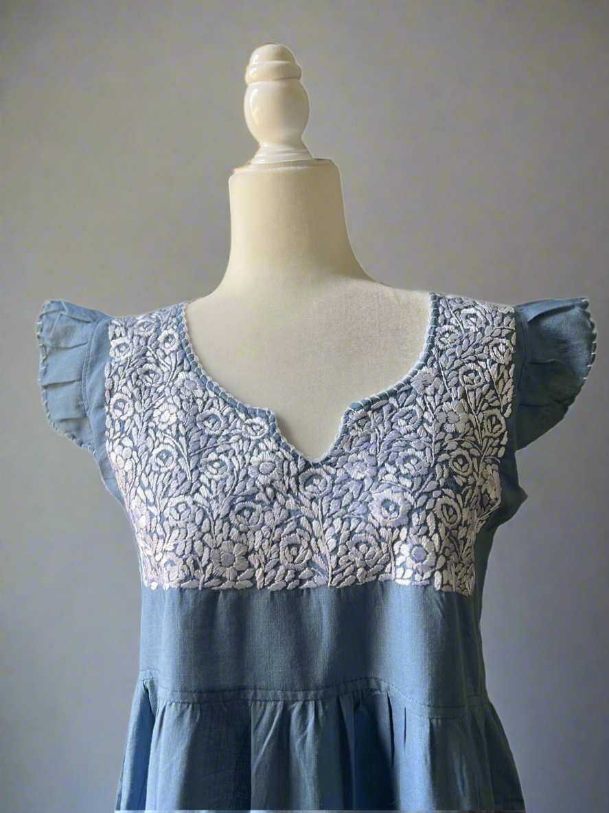 Hand Embroidered Mexican Dress - Floral Embroidery