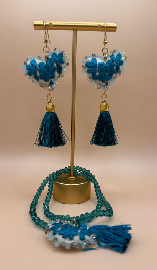 Handmade Heart Earrings & Necklace Set – Teal Blue Embroidery with Crystal Beads & Tassels