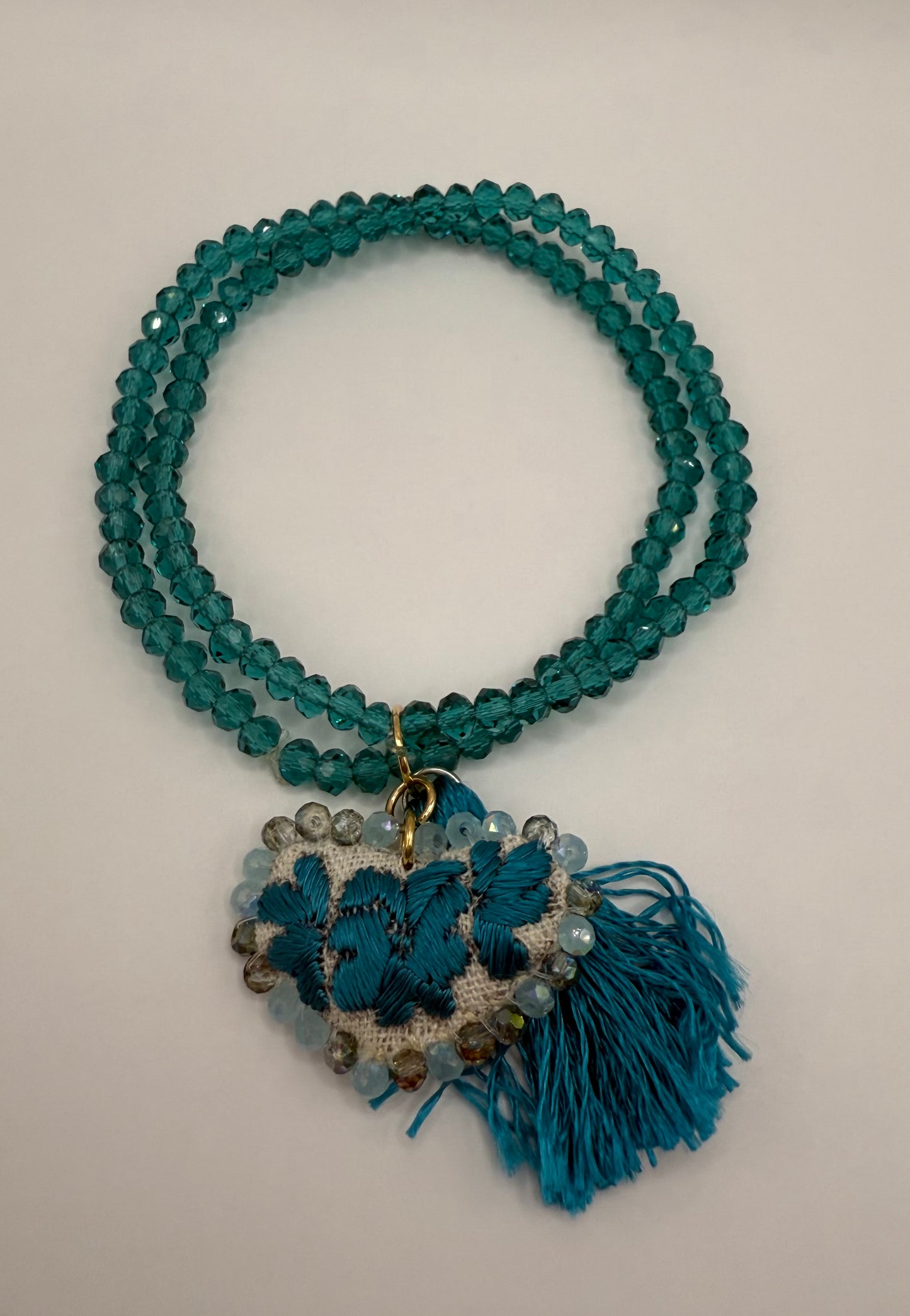 Handmade Heart Earrings & Necklace Set – Teal Blue Embroidery with Crystal Beads & Tassels