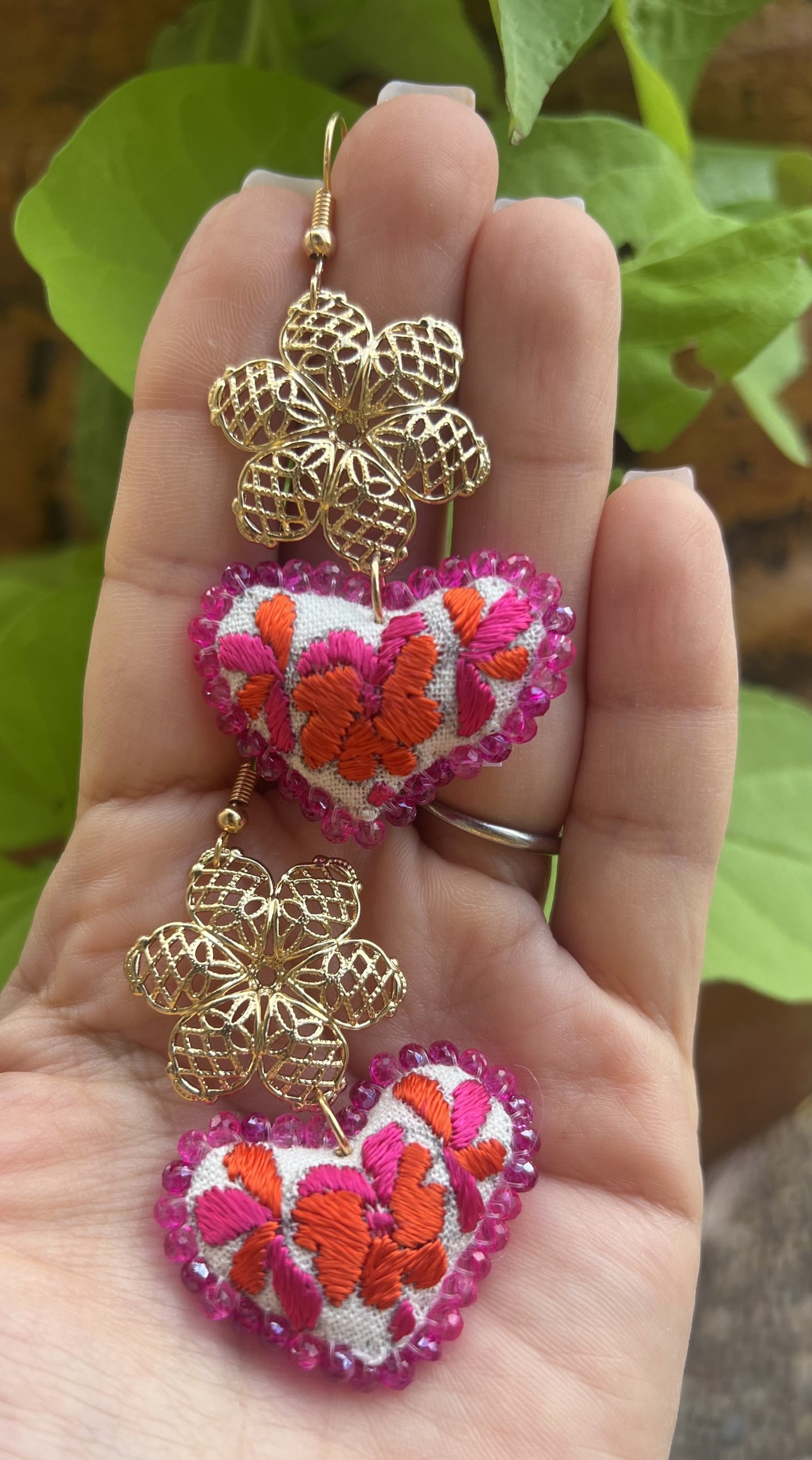 Embroidered Heart Earrings - Handmade Mexican Jewelry