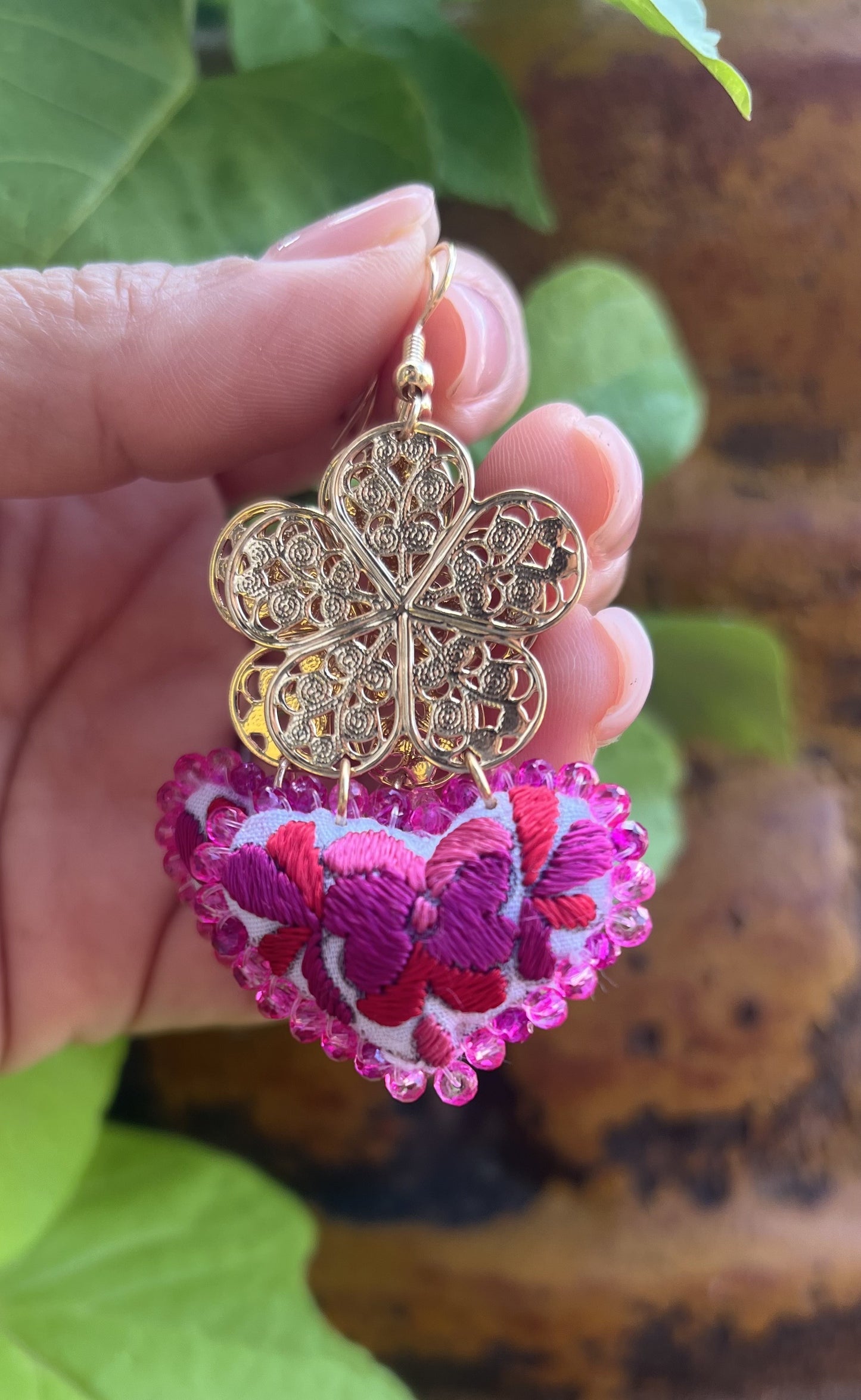 Embroidered Heart Earrings - Handmade Mexican Jewelry