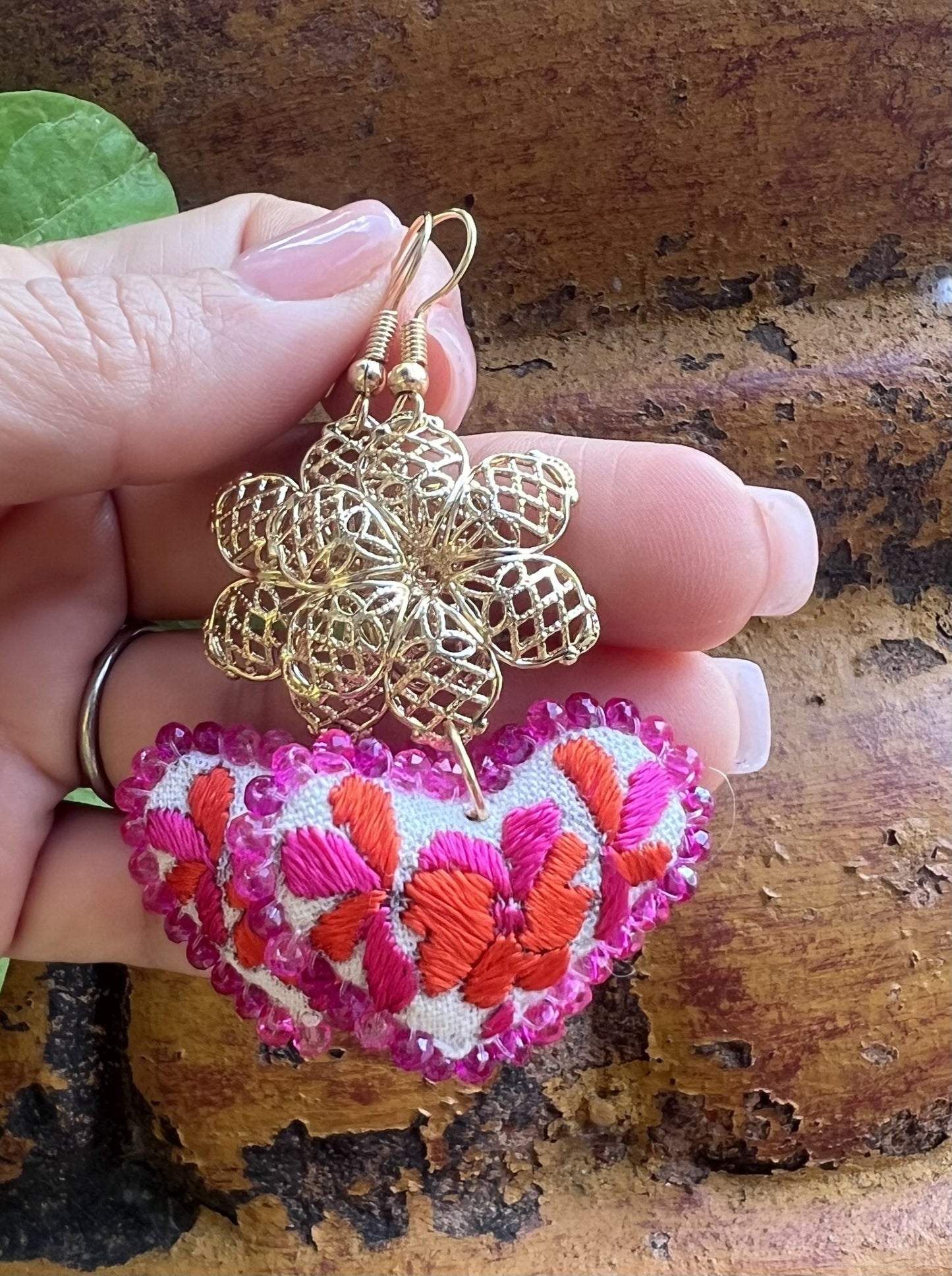 Embroidered Heart Earrings - Handmade Mexican Jewelry