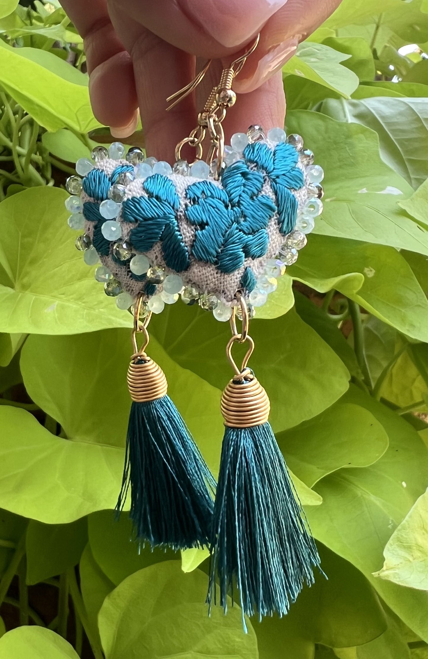 Embroidered Heart Tassel Earrings - Handmade Mexican Jewelry