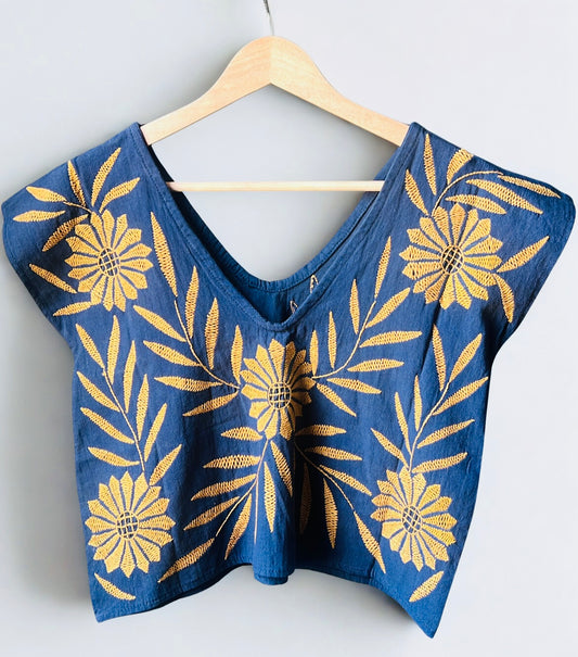 Navy Blue Mexican Blouse Embroidered | Palmita Embroidered Blouse | Handmade in Oaxaca | Sizes S–L