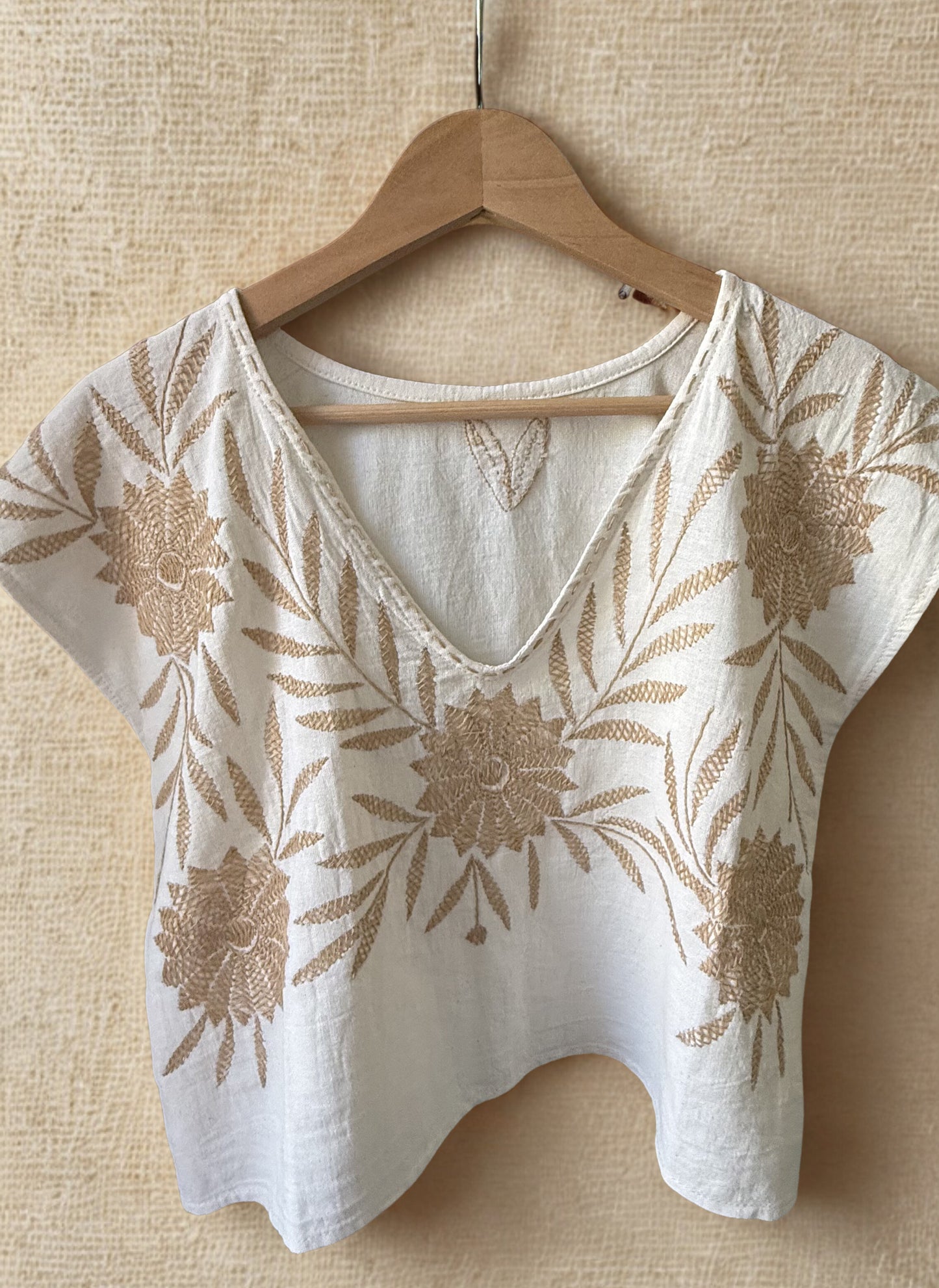 Florecer Embroidered Mexican Blouse - Handmade Cotton Manta Floral Top in Cream and Beige