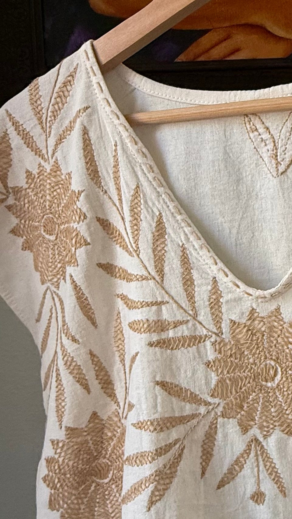 Florecer Embroidered Mexican Blouse - Handmade Cotton Manta Floral Top in Cream and Beige