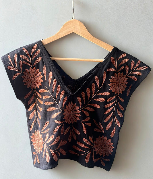 Black Mexican Blouse Embroidered | Palmita Embroidered Blouse | Handmade in Oaxaca | Sizes S–L