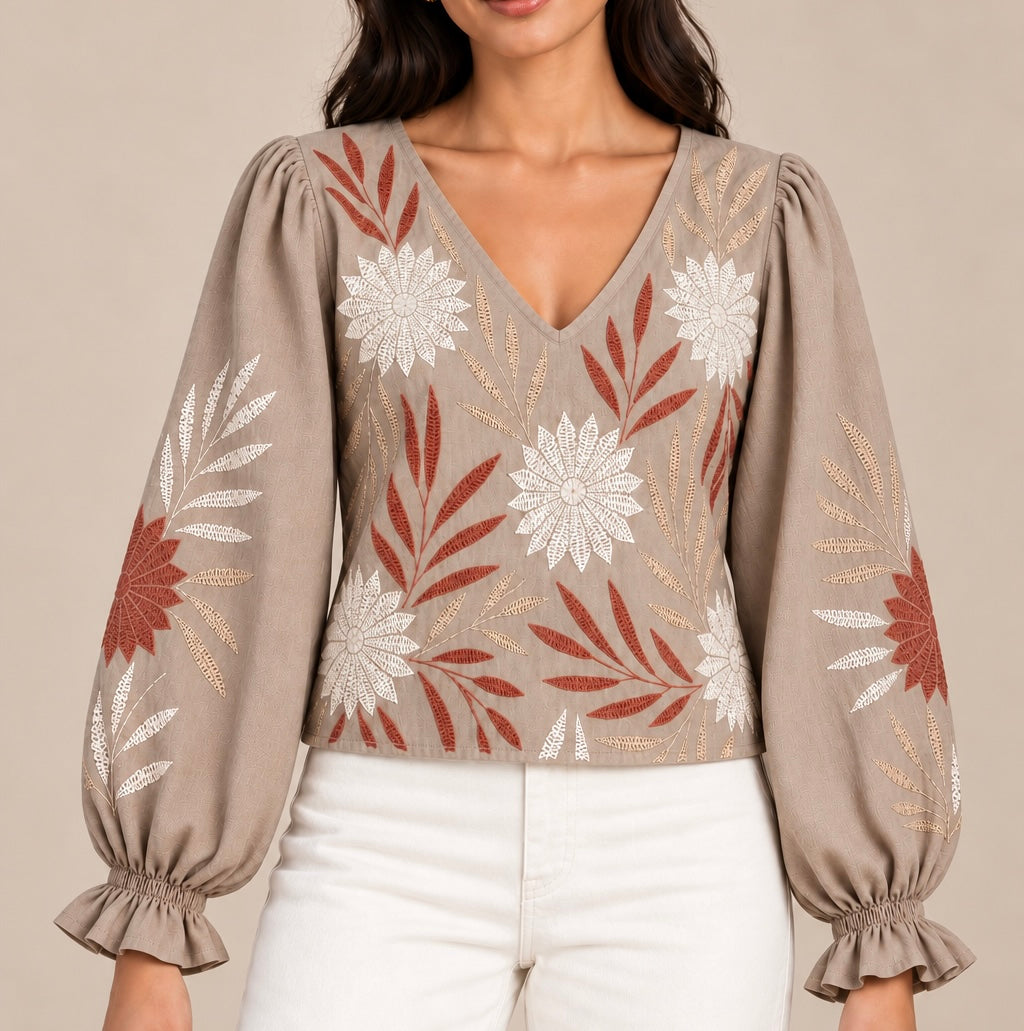 Alejandra Embroidered Blouse – Sand