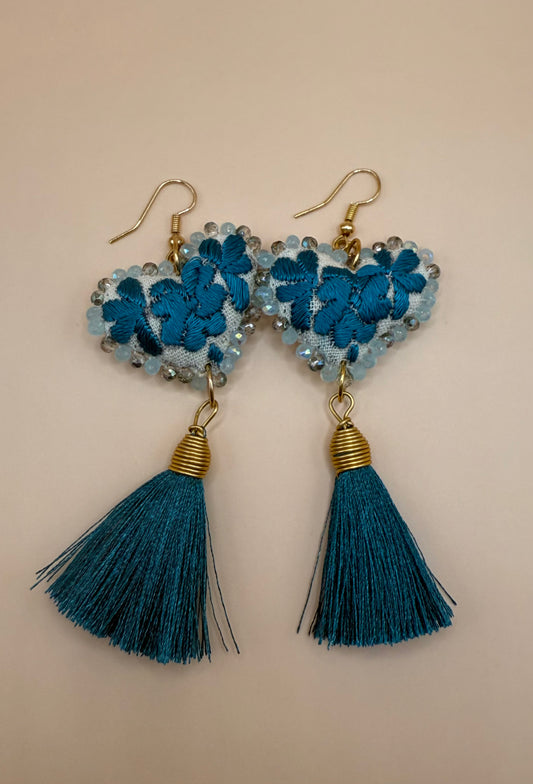 Handmade Heart Earrings & Necklace Set – Teal Blue Embroidery with Crystal Beads & Tassels