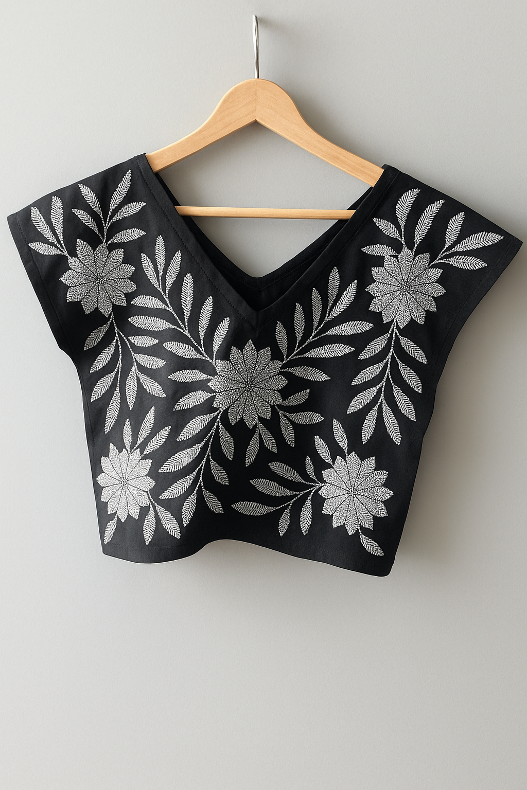 Custom Black/Silver Mexican Blouse Embroidered | Palmita Embroidered Blouse | Handmade in Oaxaca | Sizes S–L