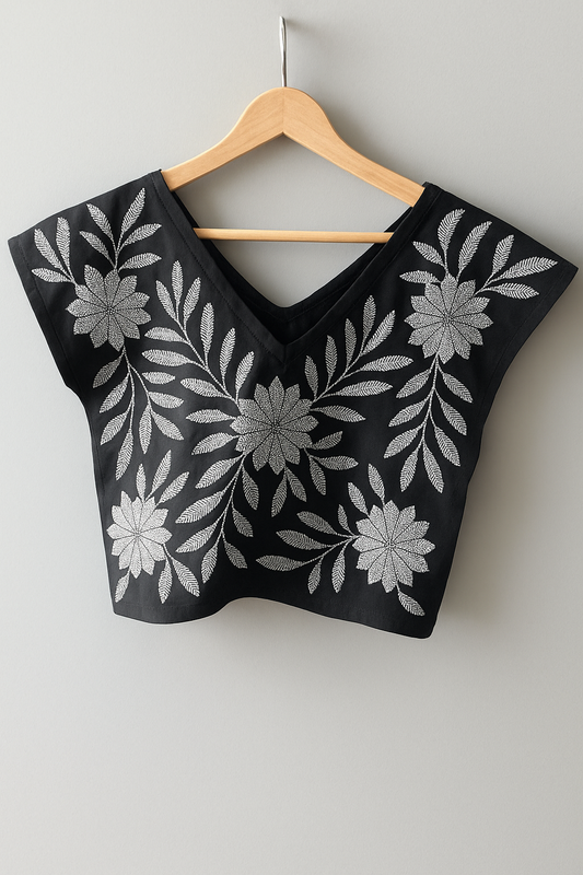 Custom Black/Silver Mexican Blouse Embroidered | Palmita Embroidered Blouse | Handmade in Oaxaca | Sizes S–L