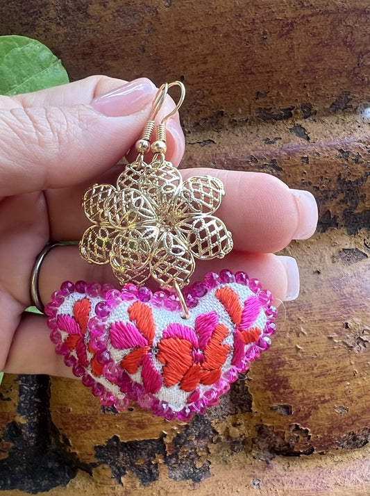 Embroidered Heart Earrings - Handmade Mexican Jewelry
