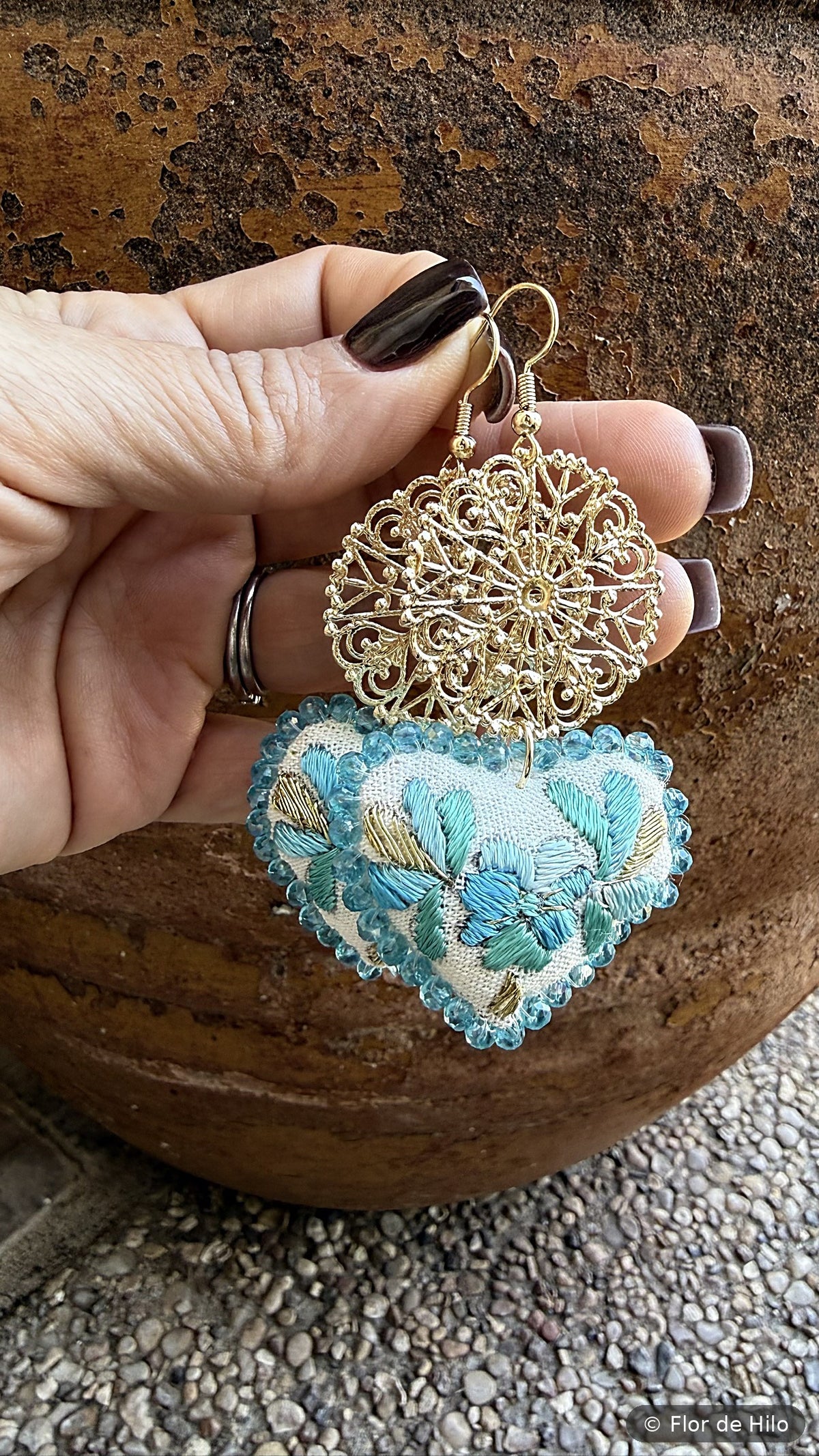 Talavera blue embroidered heart earring with gold-plated filigree detail