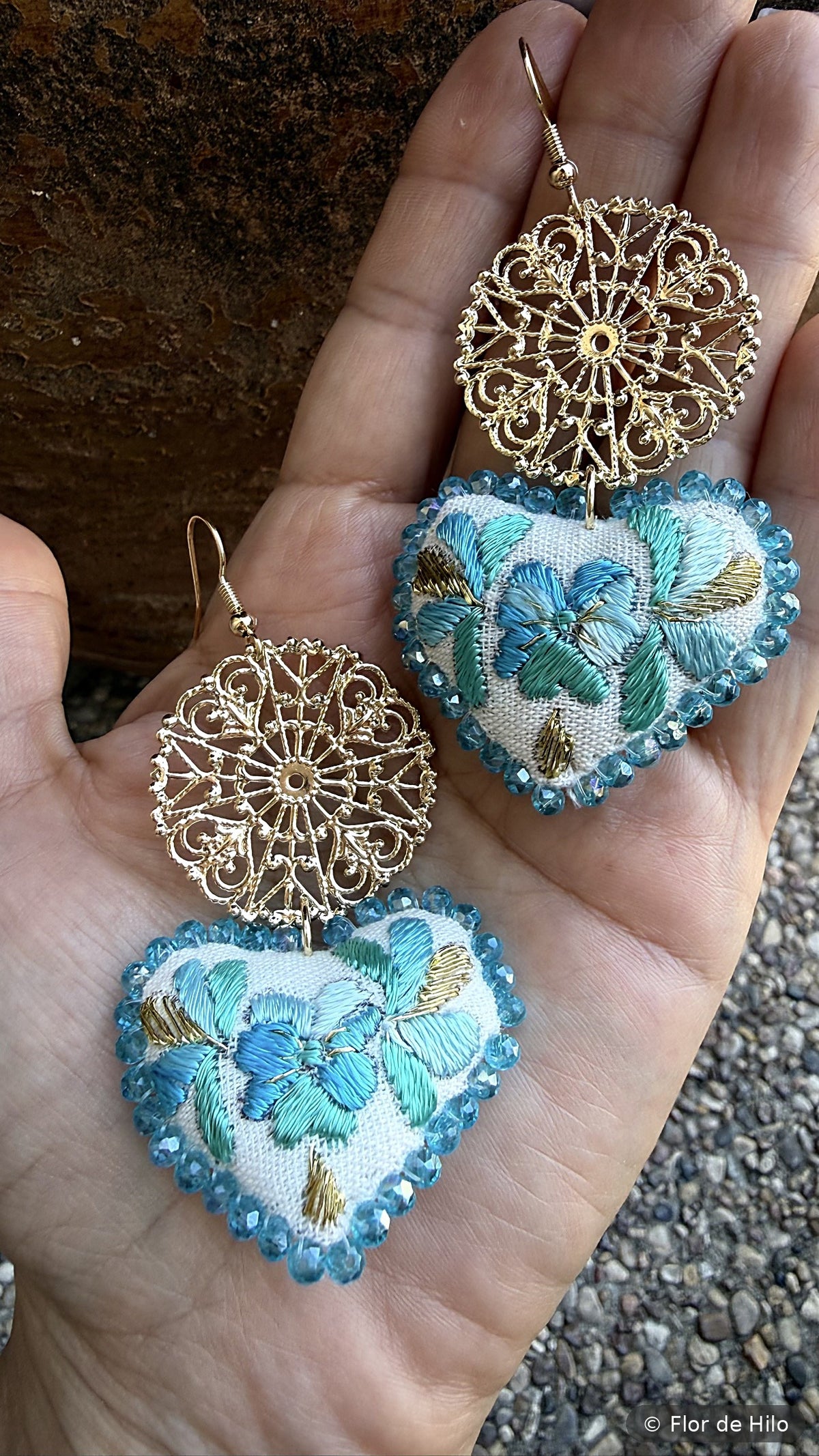 Hand-embroidered heart earrings in Talavera blue with gold-plated filigree